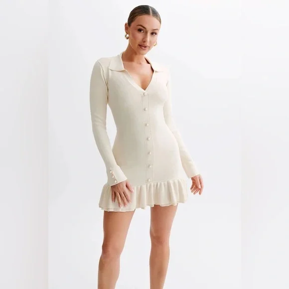 Meshki | Dresses | Meshki Cream Long Sleeve Dress With Ruffle Hem And Pearl Buttons | Poshmark Meshki | Dresses | Meshki Cream Long Sleeve Dress With Ruffle Hem And Pearl Buttons | Poshmark